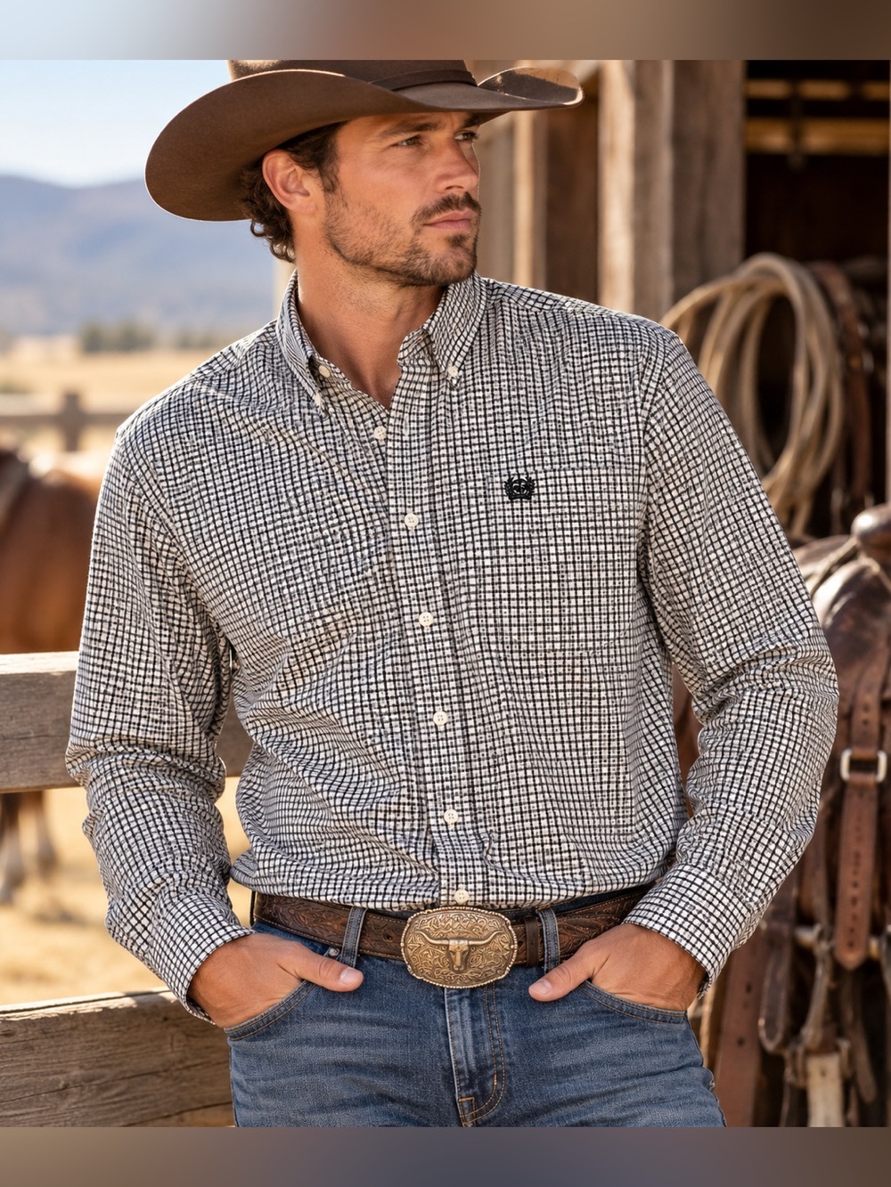 Cinch Men's Black & White Check Button-Down Shirt